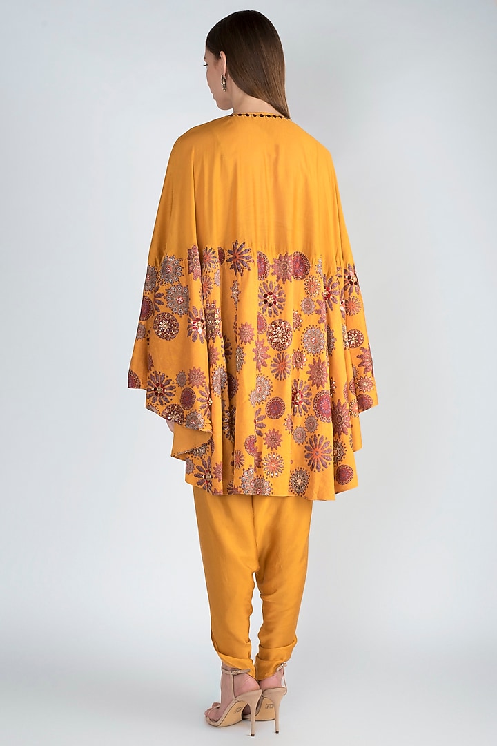 Mustard Printed High Low Cape With Dhoti Pants by Natasha J at Pernia's Pop Up Shop
