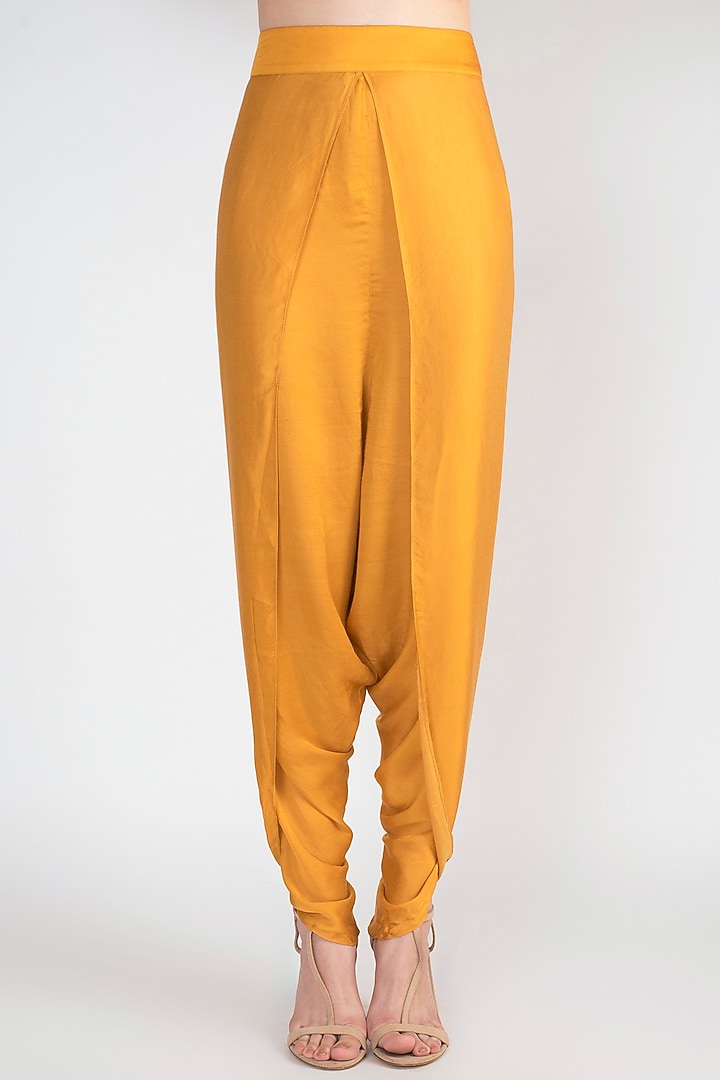 Mustard Printed High Low Cape With Dhoti Pants by Natasha J at Pernia's Pop Up Shop
