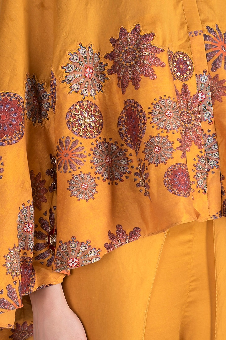 Mustard Printed High Low Cape With Dhoti Pants by Natasha J at Pernia's Pop Up Shop