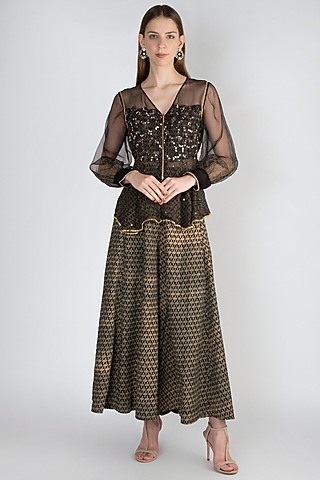 Black Printed Peplum Jacket With Palazzo Pants by Natasha J