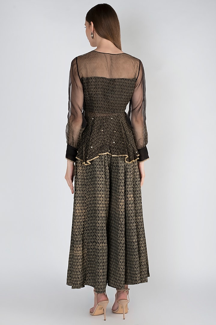 Black Printed Peplum Jacket With Palazzo Pants by Natasha J at Pernia's Pop Up Shop