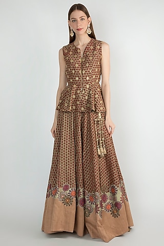 Rust Embroidered Lehegna Skirt With Peplum Blouse by Natasha J