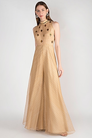 Beige Organza Printed Jumpsuit by Natasha J