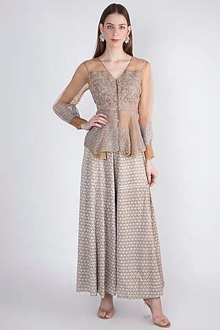 Grey & Beige Embroidered Peplum Jacket With Palazzo Pants by Natasha J