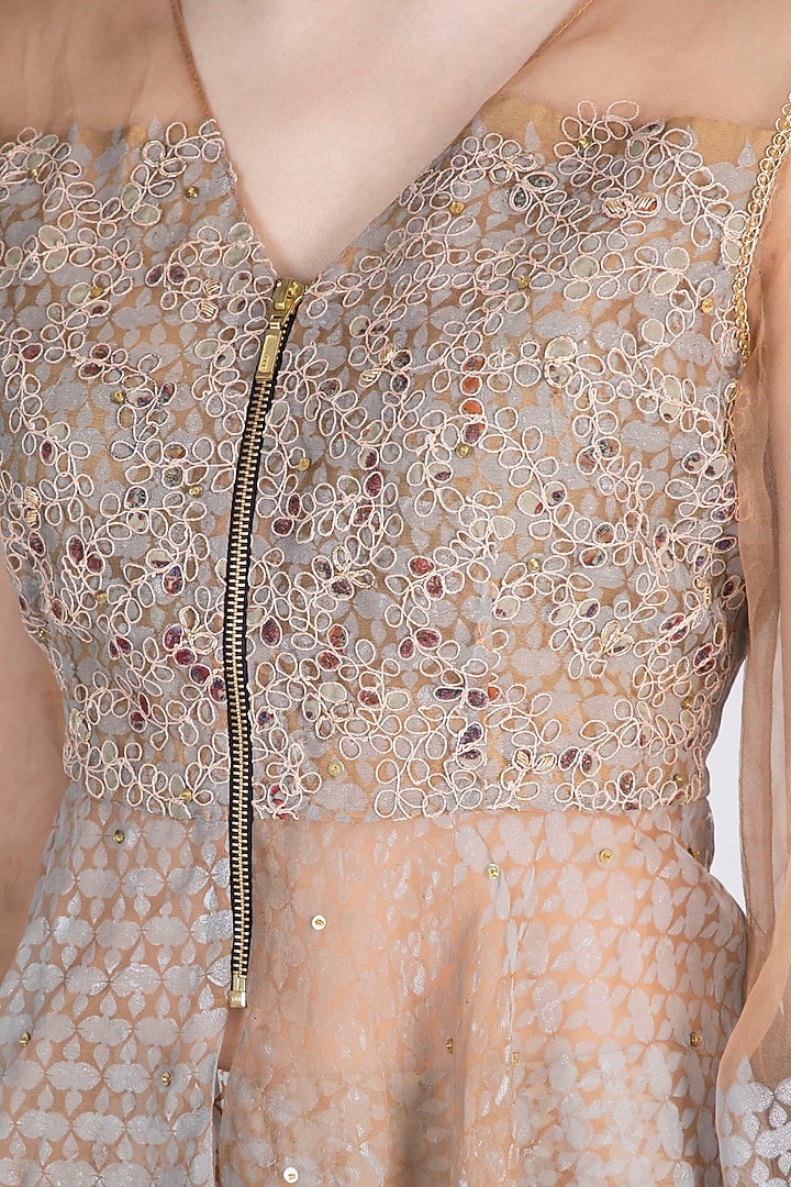 Grey & Beige Embroidered Peplum Jacket With Palazzo Pants by Natasha J at Pernia's Pop Up Shop