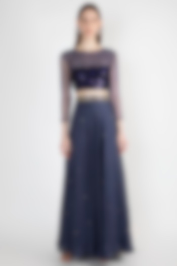 Navy Blue Embroidered Crop Top With Skirt & Belt by Natasha J