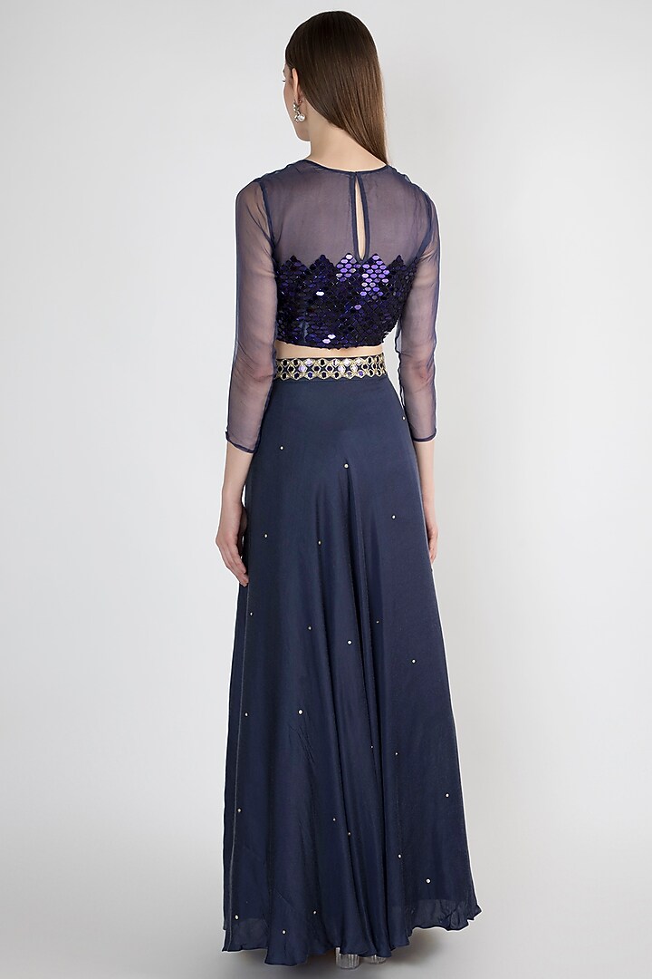 Navy Blue Embroidered Crop Top With Skirt & Belt by Natasha J at Pernia's Pop Up Shop