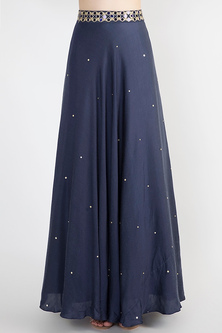 Navy Blue Embroidered Crop Top With Skirt & Belt by Natasha J at Pernia's Pop Up Shop