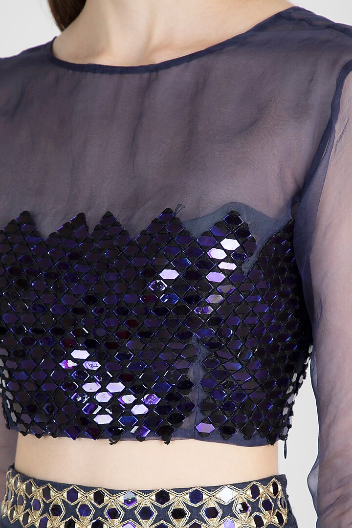 Navy Blue Embroidered Crop Top With Skirt & Belt by Natasha J at Pernia's Pop Up Shop