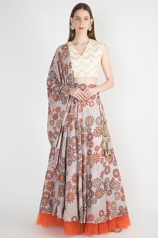Grey & Off White Printed Draped Lehenga Set by Natasha J