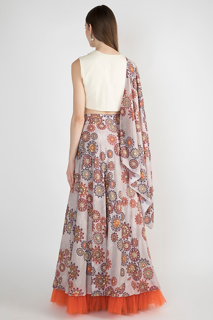 Grey & Off White Printed Draped Wedding Lehenga Set by Natasha J at Pernia's Pop Up Shop