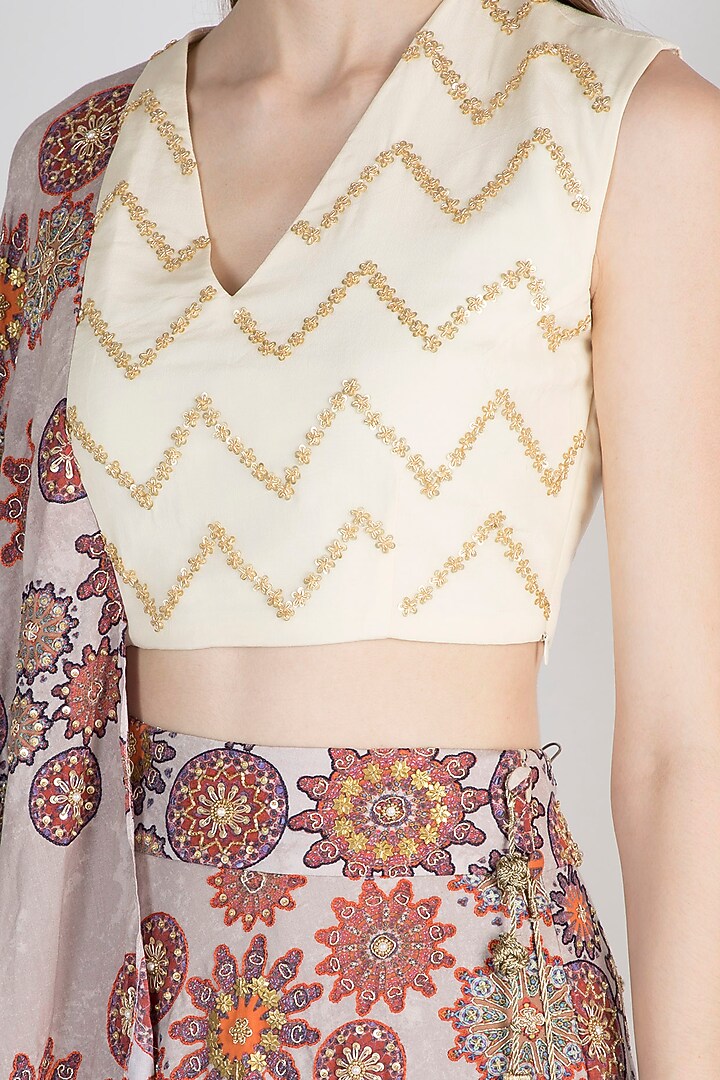 Grey & Off White Printed Draped Wedding Lehenga Set by Natasha J at Pernia's Pop Up Shop