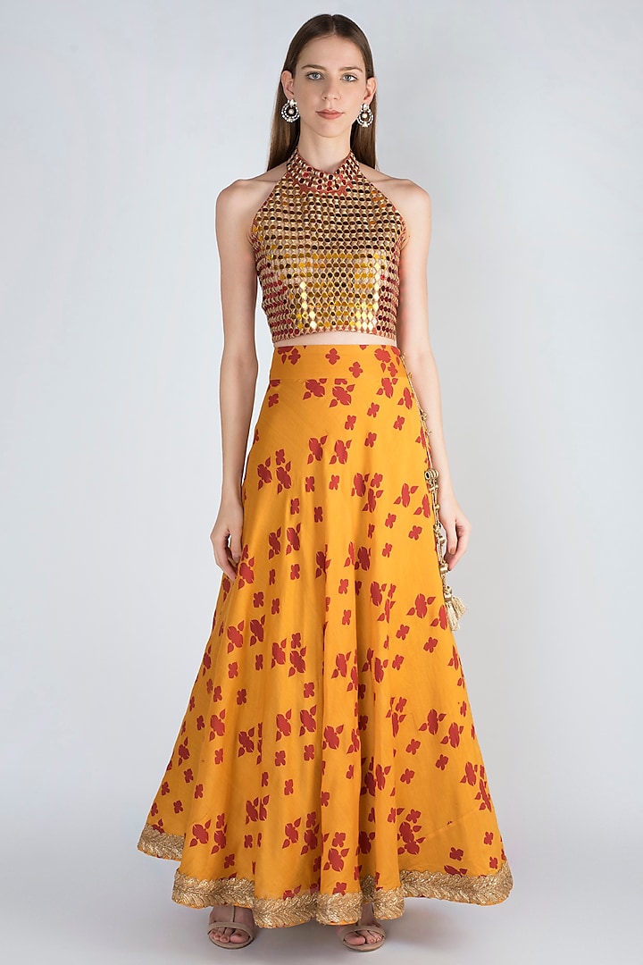 Mustard & Rust Embroidered Lehenga Skirt With Blouse by Natasha J