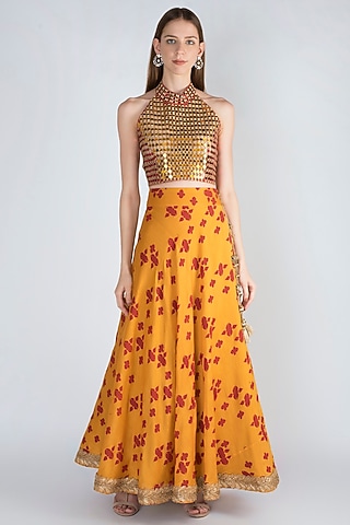 Mustard & Rust Embroidered Lehenga Skirt With Blouse by Natasha J