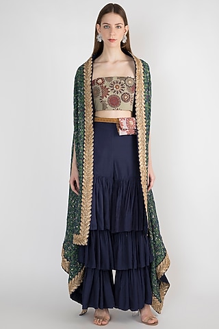 Navy Blue & Sage Green Embroidered Cape Sharara Set by Natasha J