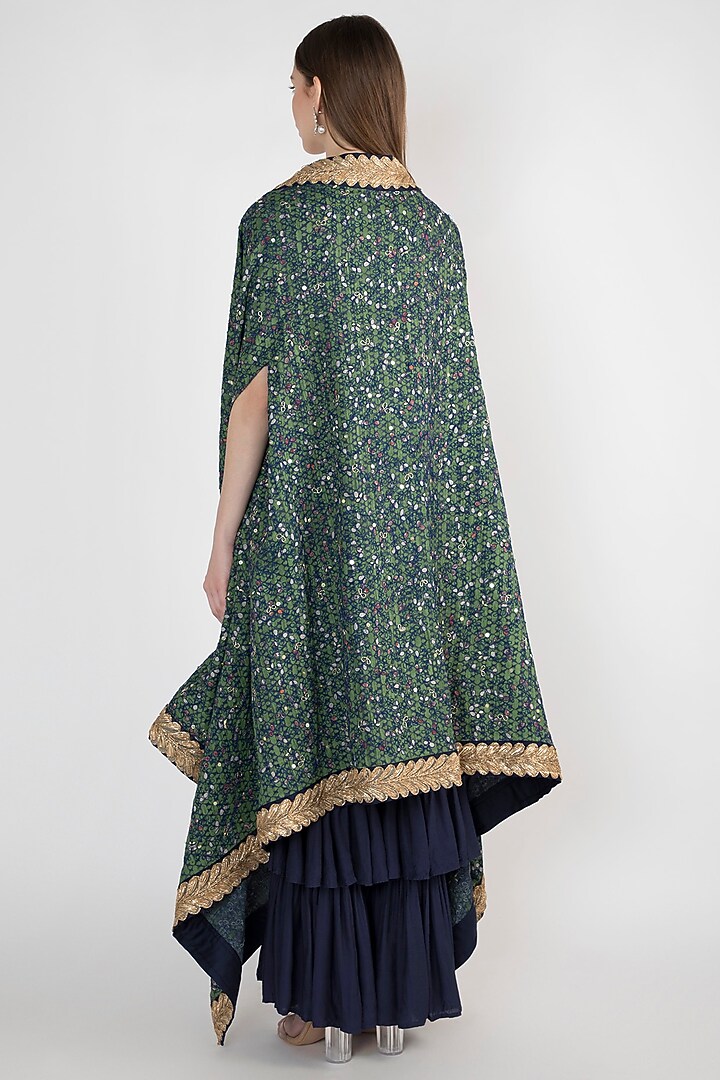 Navy Blue & Sage Green Embroidered Cape Wedding Sharara Set by Natasha J at Pernia's Pop Up Shop