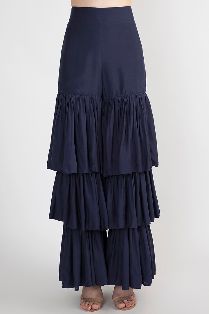 Navy Blue & Sage Green Embroidered Cape Wedding Sharara Set by Natasha J at Pernia's Pop Up Shop