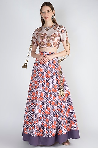 Grey & Purple Embroidered Blouse With Skirt by Natasha J