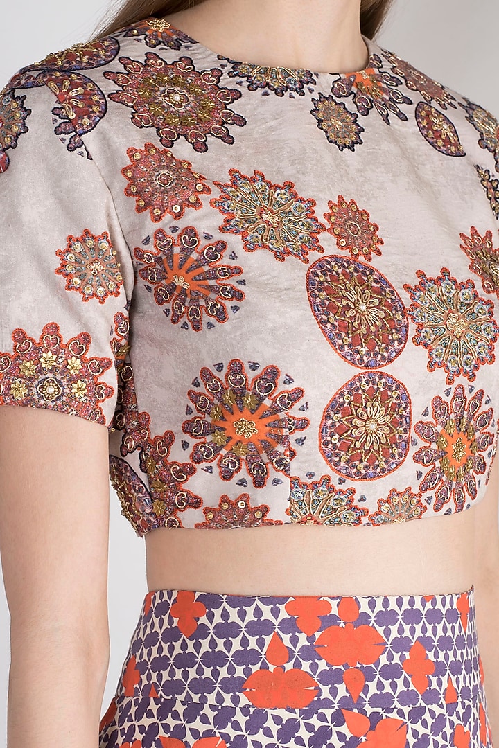 Grey & Purple Embroidered Blouse With Skirt by Natasha J at Pernia's Pop Up Shop