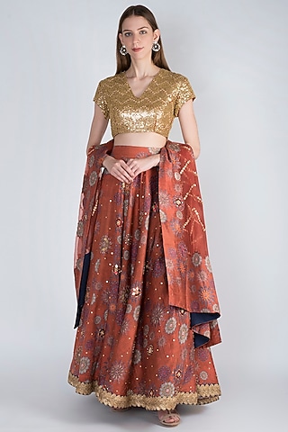 Rust Embroidered Lehenga Set by Natasha J