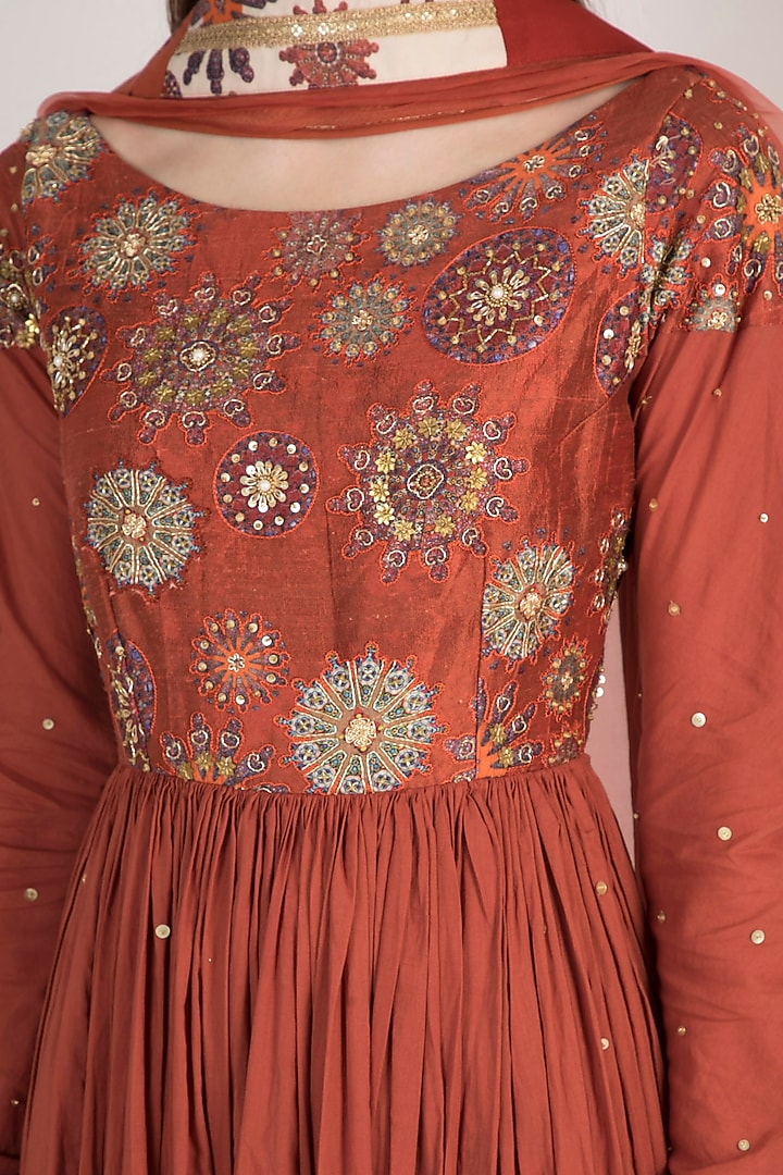 Women Rust Embroidered Anarkali Set with Dupatta