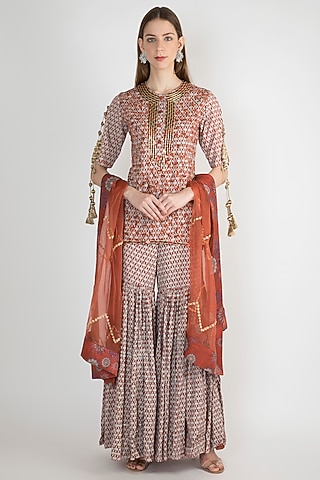 Rust & Grey Mirror Work Kurta Sharara Set by Natasha J