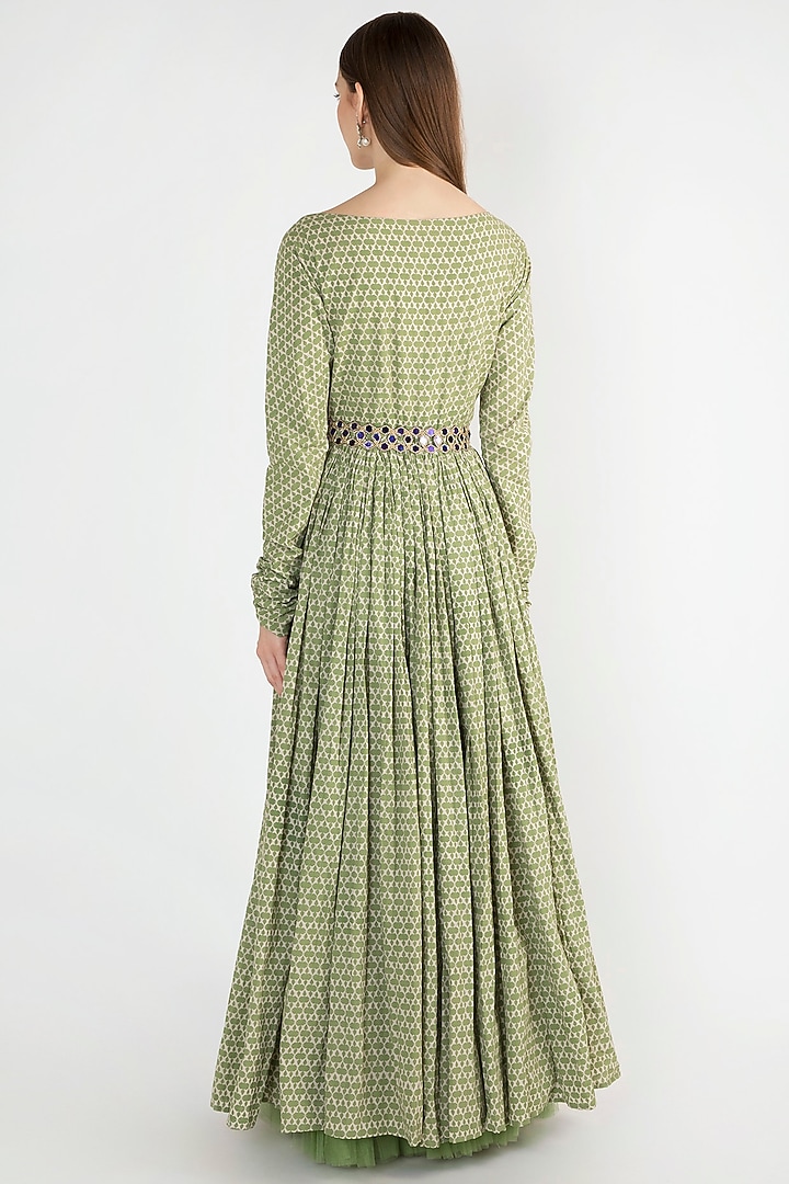 Sage Green Printed Wedding Anarkali With Dupatta & Belt by Natasha J at Pernia's Pop Up Shop