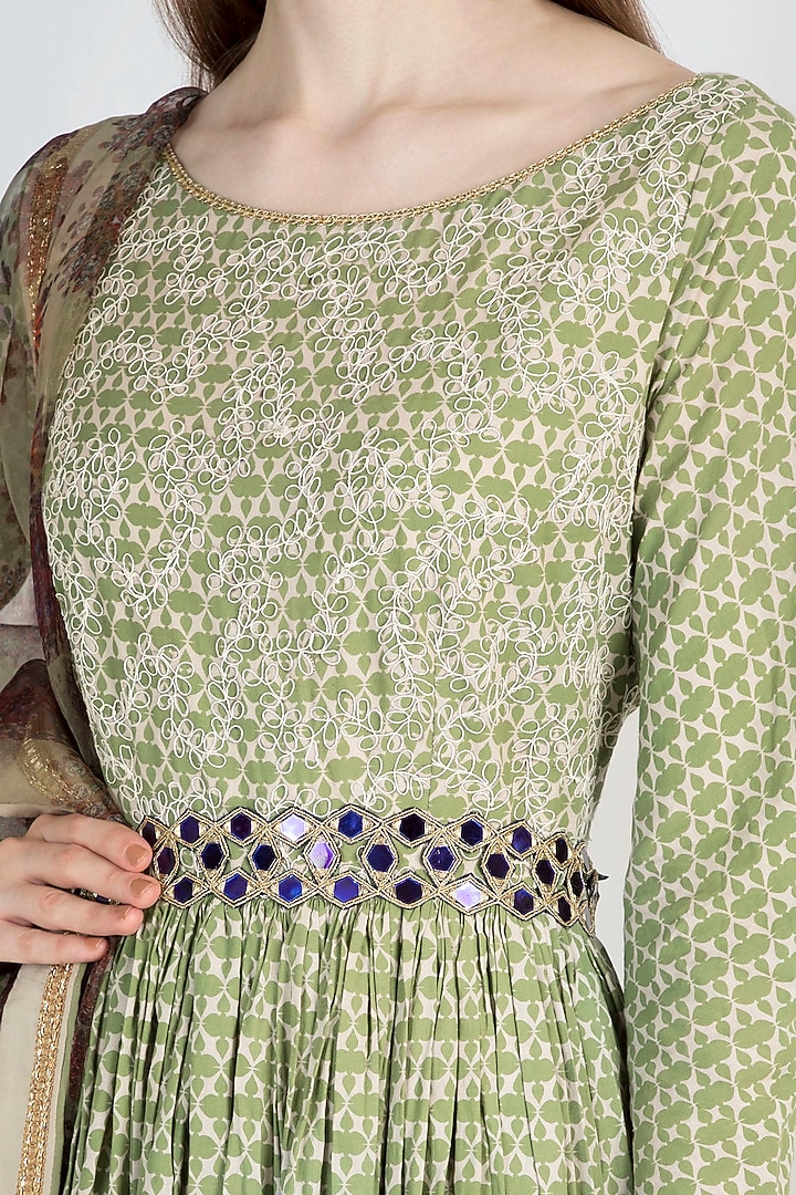 Sage Green Printed Wedding Anarkali With Dupatta & Belt by Natasha J at Pernia's Pop Up Shop