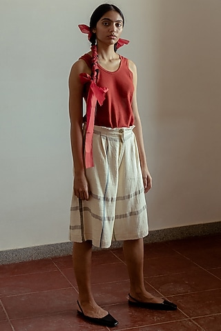 Beige Handwoven Denim Shorts by Naushad Ali