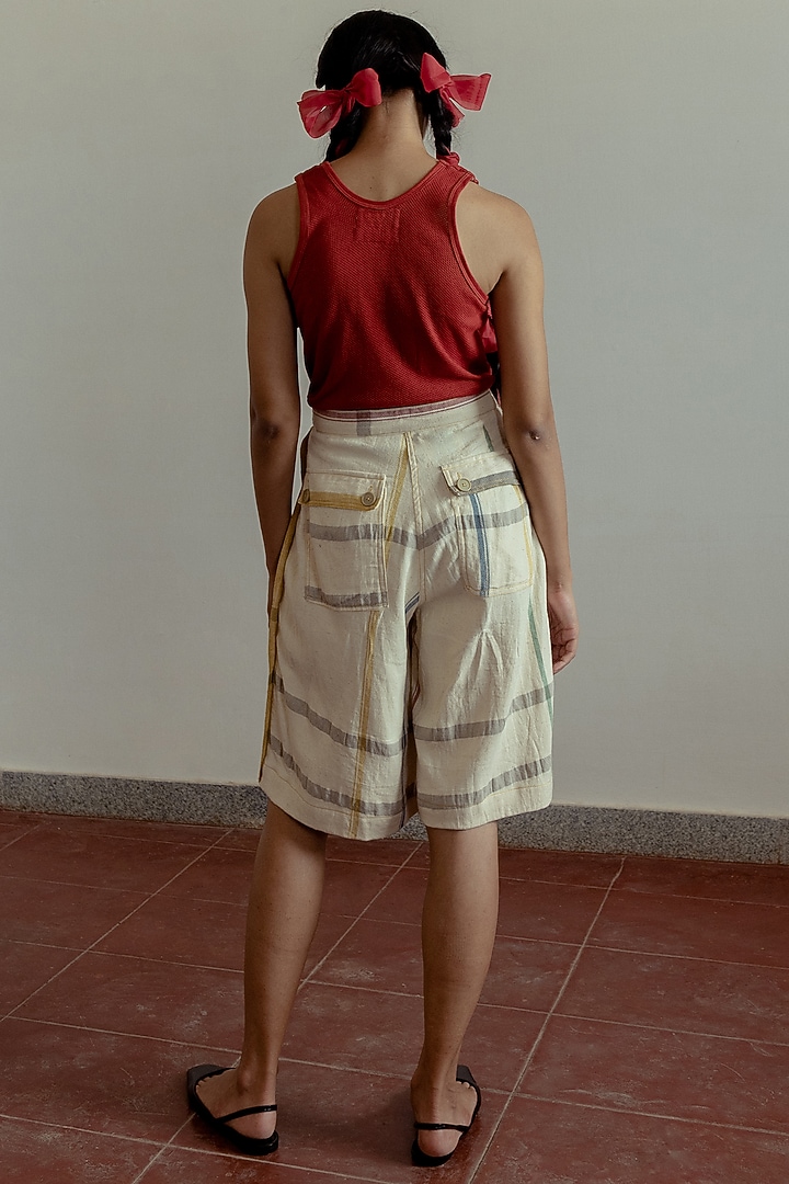 Beige Handwoven Denim Shorts by Naushad Ali at Pernia's Pop Up Shop