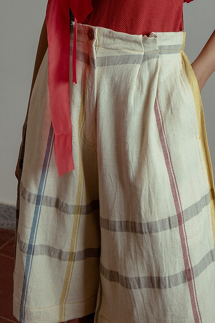 Beige Handwoven Denim Shorts by Naushad Ali at Pernia's Pop Up Shop