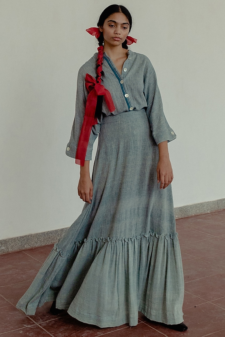 Light Indigo Pleated Skirt by Naushad Ali