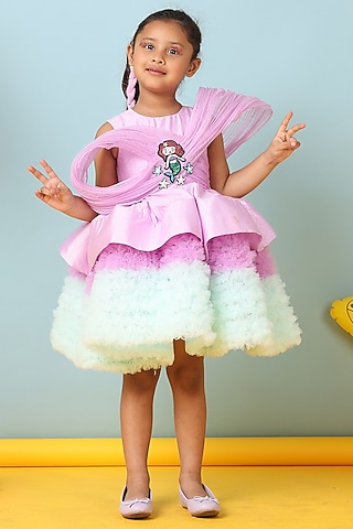 Pink Dupion Silk & Net Mermaid Embroidered Frilled Dress For Girls by NAVKIYA G
