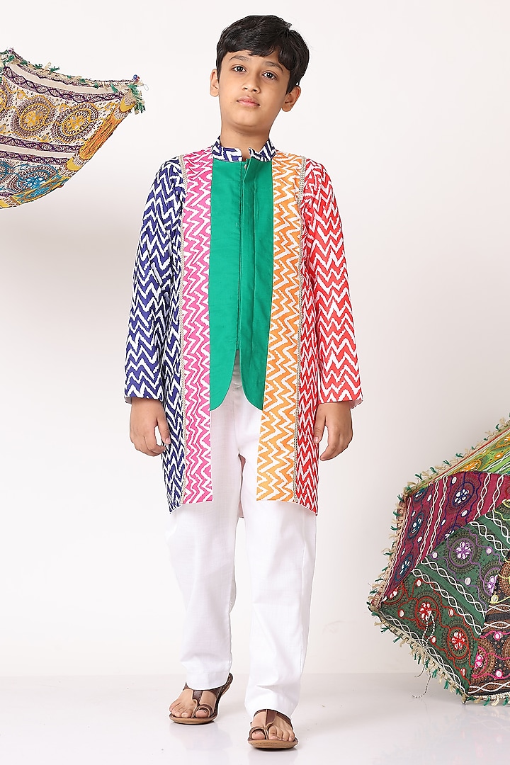 Multi-Colored Cotton Chevron Printed Jacket Set For Boys by NAVKIYA G
