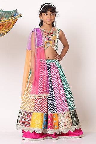 Multi-Colored Cotton Linen Zig-Zag Printed Lehenga Set For Girls by NAVKIYA G