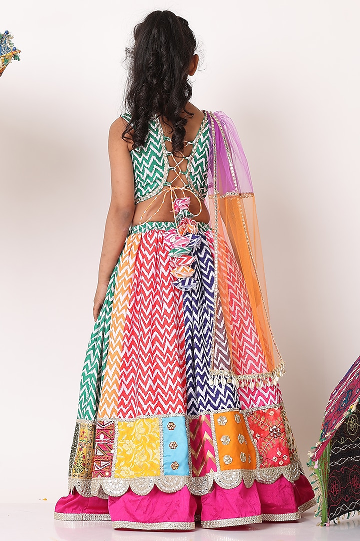 Multi-Colored Cotton Linen Zig-Zag Printed Lehenga Set For Girls by NAVKIYA G at Pernia's Pop Up Shop