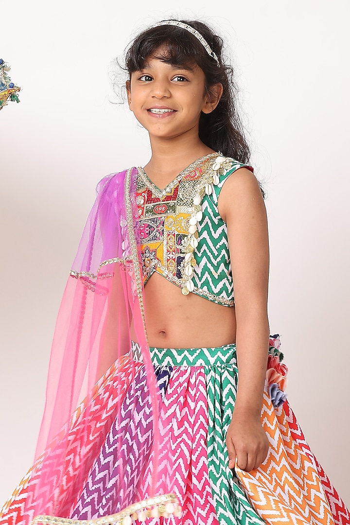 Multi-Colored Cotton Linen Zig-Zag Printed Lehenga Set For Girls by NAVKIYA G at Pernia's Pop Up Shop