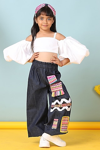 White Denim Embroidered Pant Set For Girls by NAVKIYA G