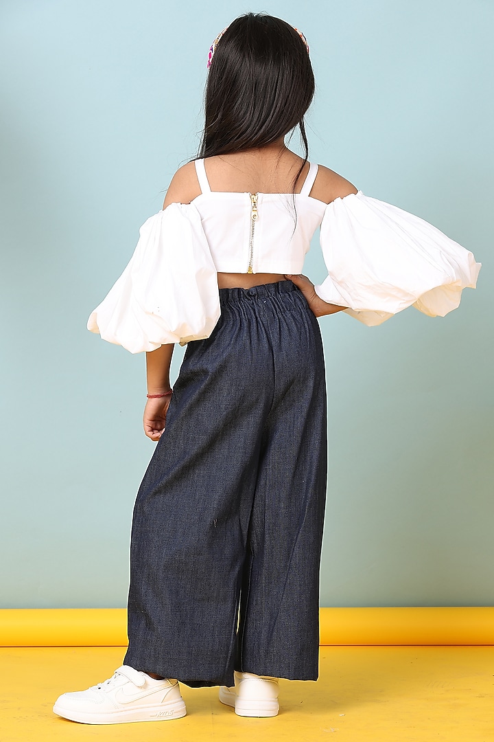 White Denim Embroidered Pant Set For Girls by NAVKIYA G at Pernia's Pop Up Shop