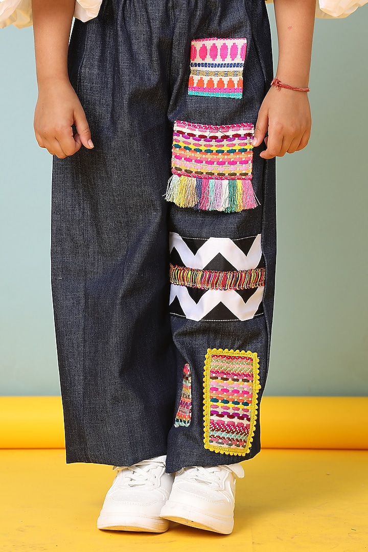 White Denim Embroidered Pant Set For Girls by NAVKIYA G at Pernia's Pop Up Shop