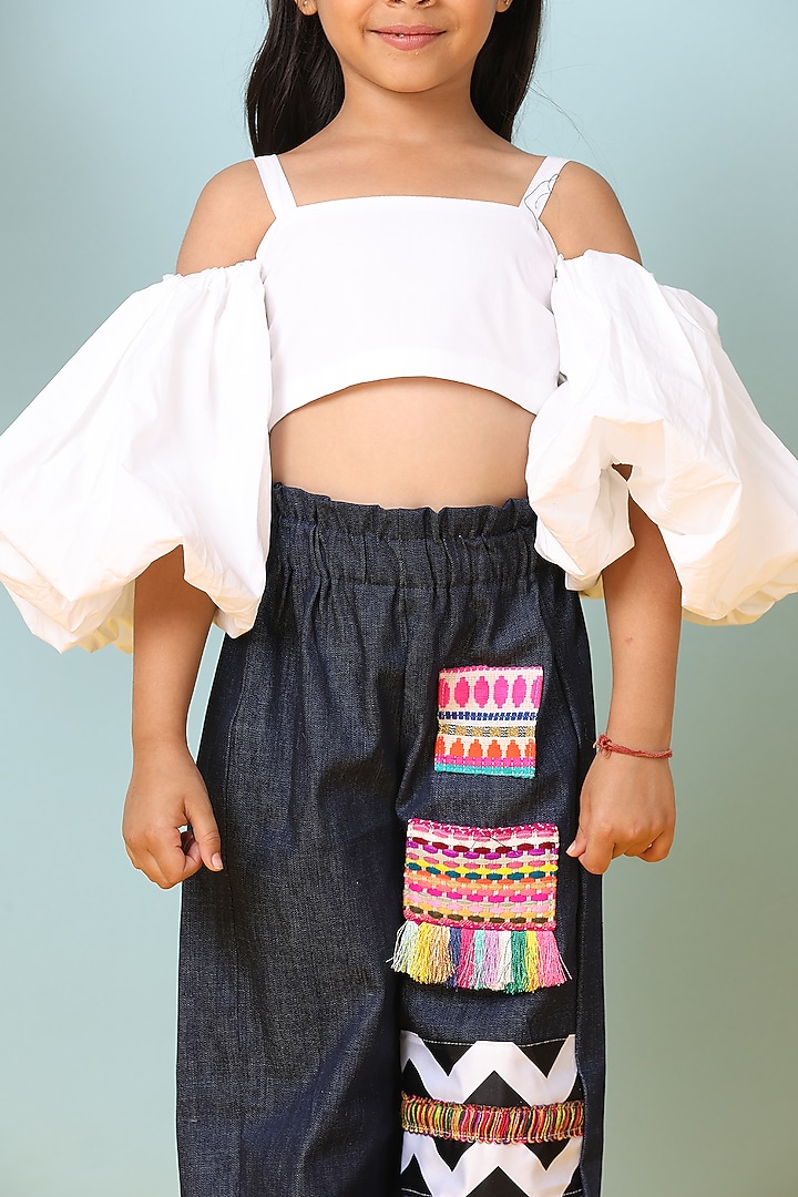 White Denim Embroidered Pant Set For Girls by NAVKIYA G at Pernia's Pop Up Shop