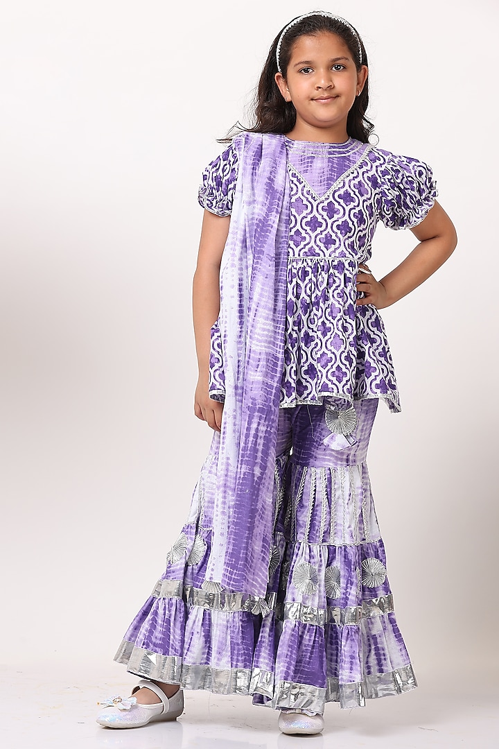 Lavender Pure Cotton Shibori Printed Flared Sharara Set For Girls by NAVKIYA G at Pernia's Pop Up Shop