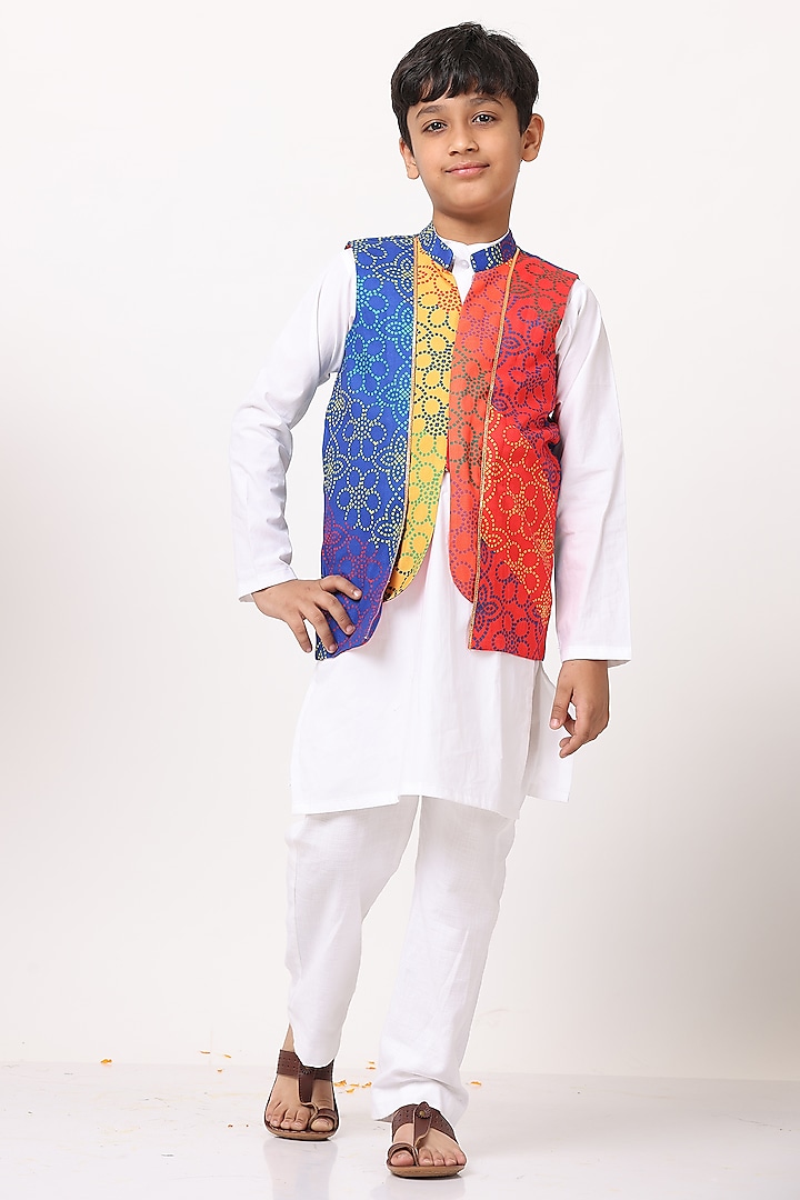 Multi-Colored Pure Cotton Bandhani Printed Nehru Jacket For Boys by NAVKIYA G