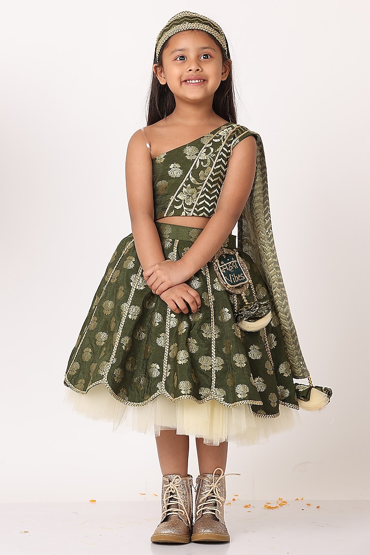 Green Jacquard Tassel Embroidered Lehenga Set For Girls by NAVKIYA G