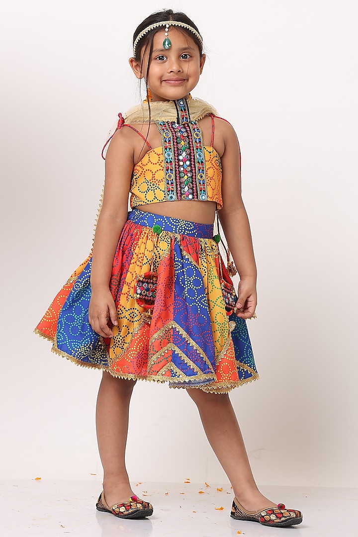 Multi-Colored Linen Printed & Mirror Embroidered Lehenga Set For Girls by NAVKIYA G