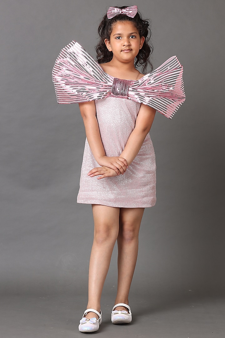Pink Shimmer Knee-Length Bow Dress For Girls by NAVKIYA G