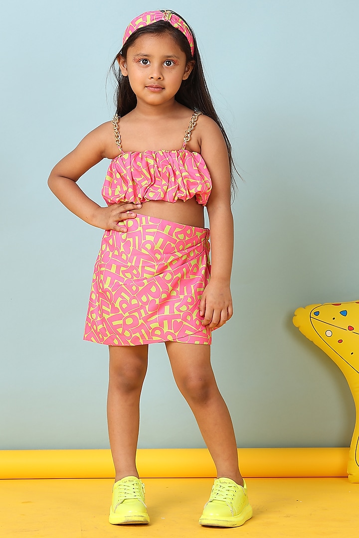Pink Cotton Printed Asymmetric Skirt Set For Girls by NAVKIYA G