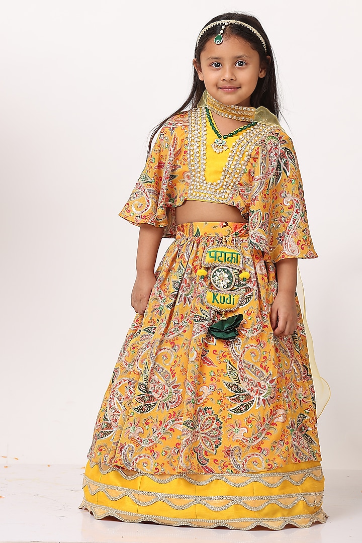 Mustard Georgette Silk Embroidered Lehenga Set For Girls by NAVKIYA G