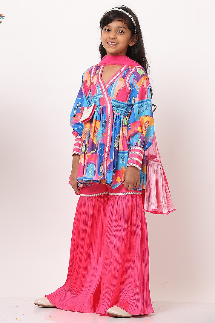 Multi-Colored Twill Silk Mirror Lace Work Sharara Set For Girls by NAVKIYA G