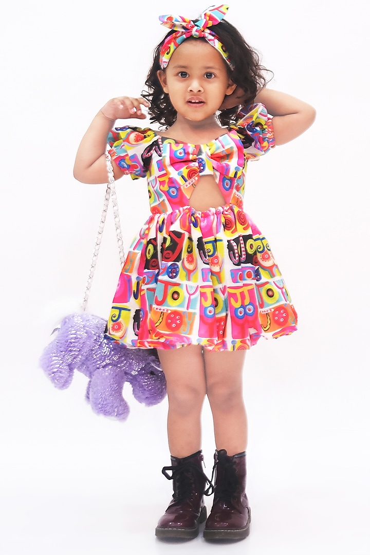 Multi-Colored Linen Printed Dress For Girls by NAVKIYA G